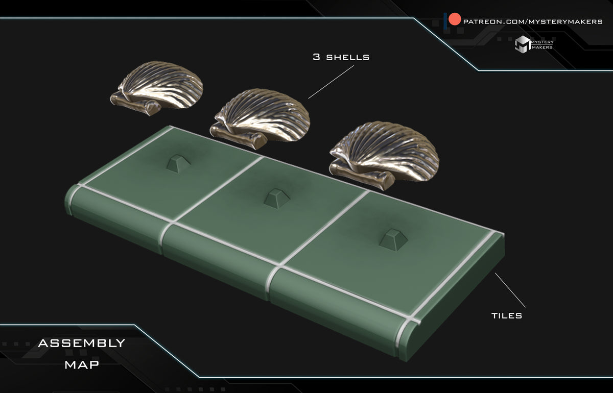 Three Seashells replica showing three removable shells and 3D printed tiled display base