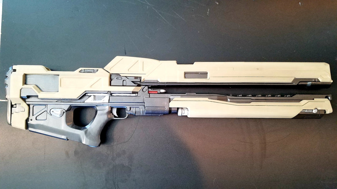 Finished 3D printed Halo 5 ARC-920 Railgun prop with tan and gray paint by Alpha to Zeta Industries