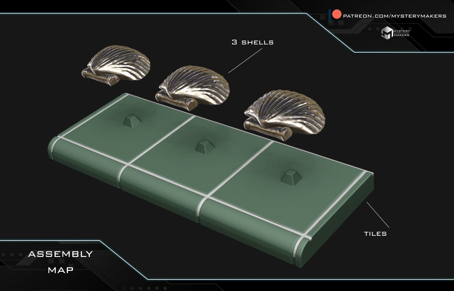Three Seashells replica showing three removable shells and 3D printed tiled display base