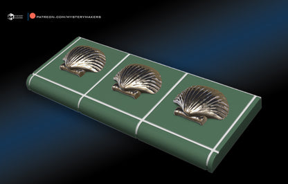 3D render of Three Seashells replica display with tiled base inspired by Demolition Man