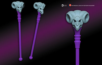 Full-length 3D render of 1:1 scale Skeletor Havoc Staff cosplay prop
