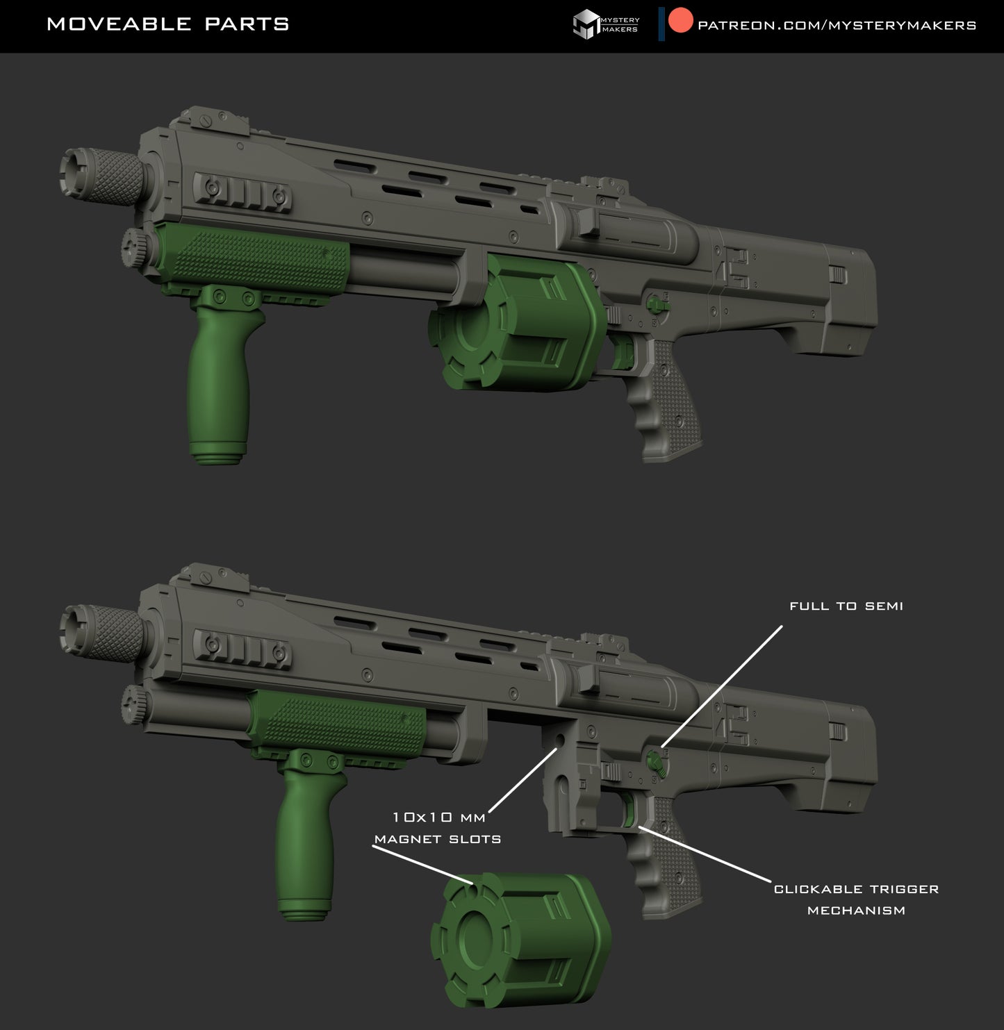 Detailed 3D render of CQS48 Bulldog replica showing magazine and pump assembly