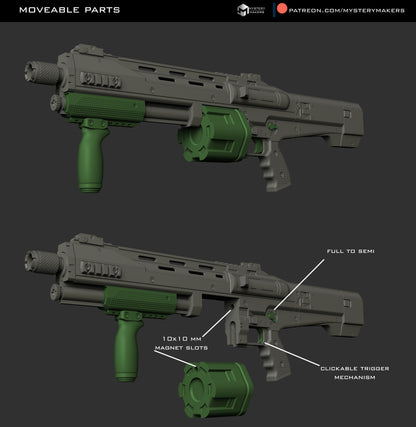 Detailed 3D render of CQS48 Bulldog replica showing magazine and pump assembly