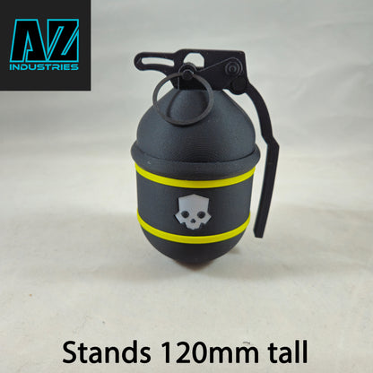 3D printed Helldivers 2 frag grenade replica prop on display