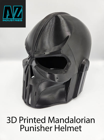 3D printed Mandalorian Punisher helmet replica displayed on stand