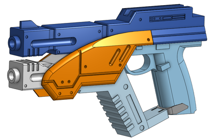 3D render of a Mass Effect M3 Predator airsoft conversion kit on display