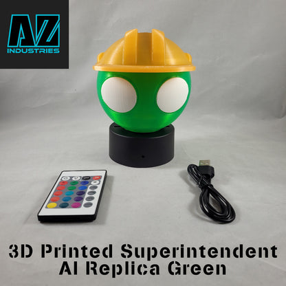3D printed Halo Superintendent AI light-up desk buddy on display