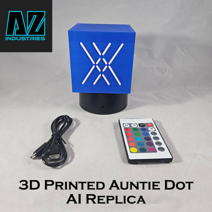 3D printed Halo Auntie Dot AI light-up desk buddy illuminated on desk