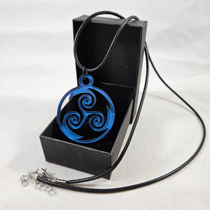 Hellblade-inspired Triskelion triskele pendant necklace on display